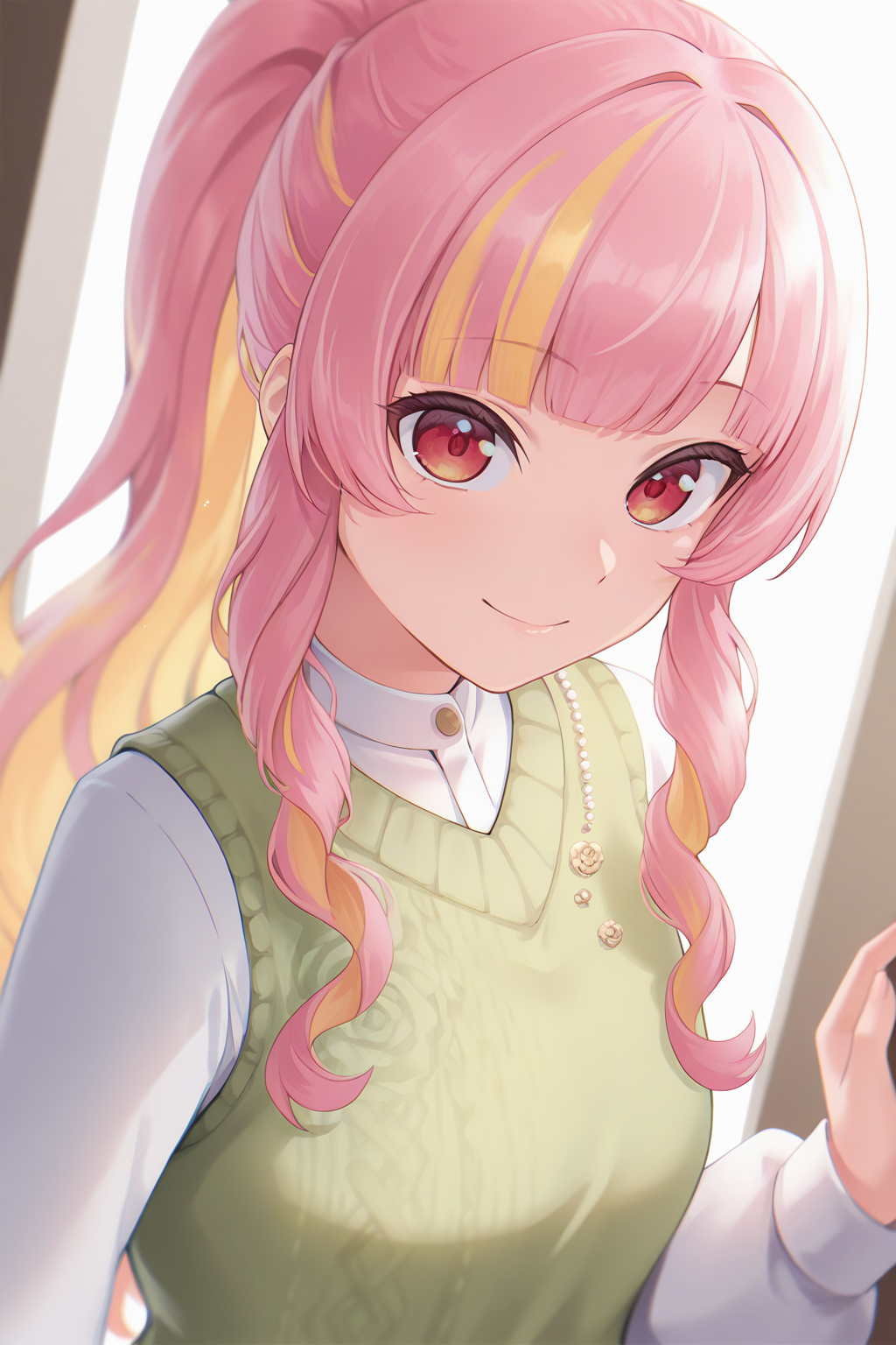 1girl, RL3rdHairstyle, RL3rdCostume,
general, solo, perspective, dynamic angle, upper body,
long hair, pink hair, multicolored hair, drill sidelocks, ponytail,
red eyes, 
looking at viewer, light smile,
depth of field,
<lora:kp_RosemiLovelockNijisanjiIllustrious_v1_0:1.0>,
masterpiece, best quality, amazing quality