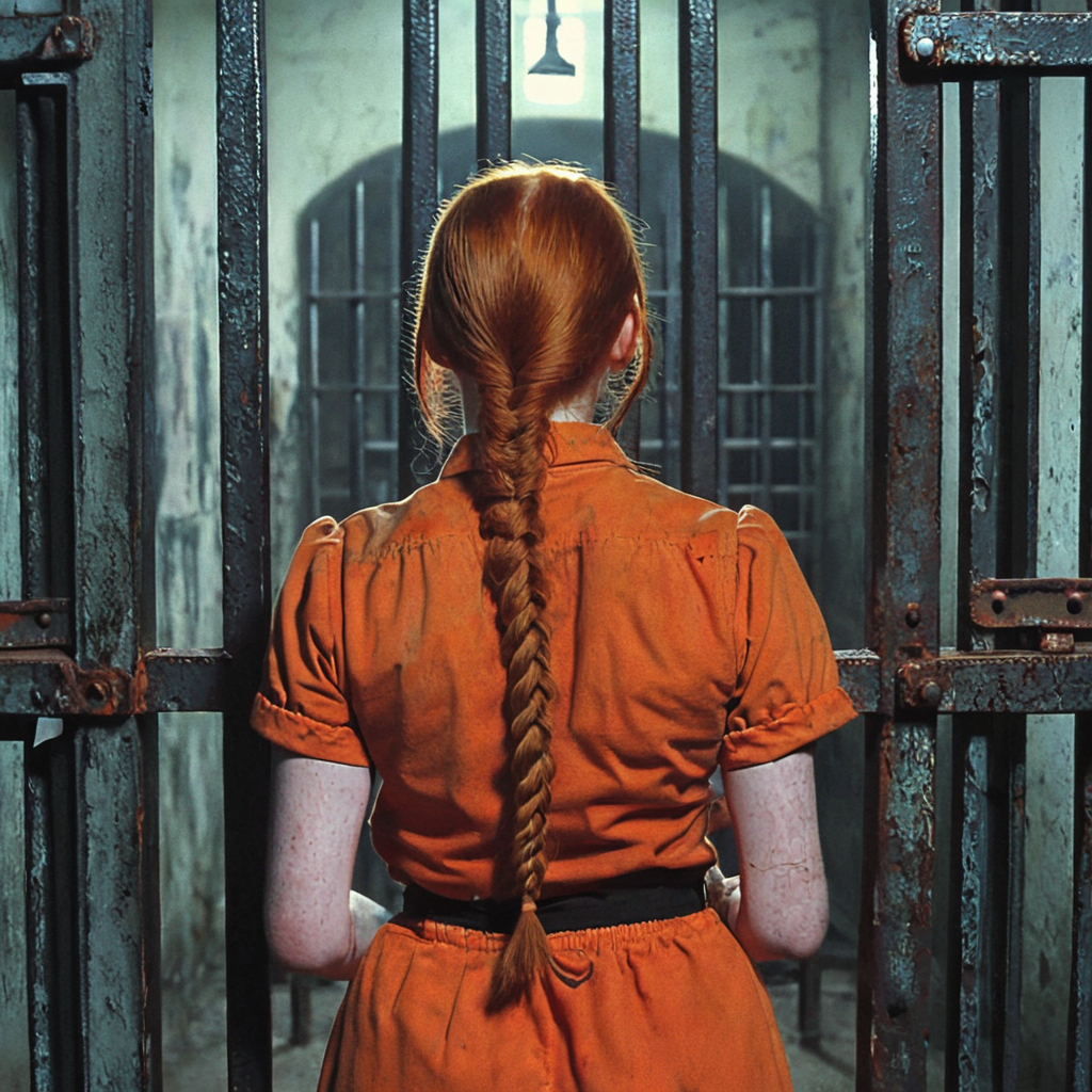 <lora:70sHorrorMovie2SDXL:1> ArsMovieStill, movie still from a 1970s horror movie, upper body portrait from behind of a 21 year old redhead woman with pale skin wearing a orange prison uniform, vibrant red hair in long braided pigtails. She stands defiant in her dark prison cell against the rusting iron bars of her cell, shot is from behind with the woman looking back at the camera, she holds onto the bars to the side of her. DarkAtmosCE style, "DANGEROUS PRISONER" written in stencil on the back of her uniform