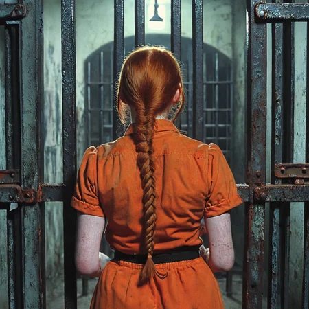 <lora:70sHorrorMovie2SDXL:1> ArsMovieStill, movie still from a 1970s horror movie, upper body portrait from behind of a 21 year old redhead woman with pale skin wearing a orange prison uniform, vibrant red hair in long braided pigtails. She stands defiant in her dark prison cell against the rusting iron bars of her cell, shot is from behind with the woman looking back at the camera, she holds onto the bars to the side of her. DarkAtmosCE style, "DANGEROUS PRISONER" written in stencil on the back of her uniform