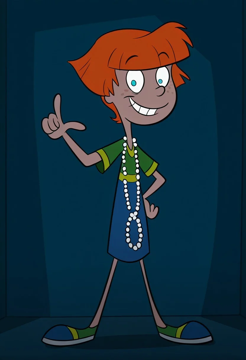 Hhriblestyle, pointing at viewer, looking at viewer, smile, 1 girl, solo, orange hair, short hair, blue eyes, freckles, large t-shirt, multicolored shirt, long pearl necklace, multicolored shoes, evil, evil smile, dark lighting, dark room,