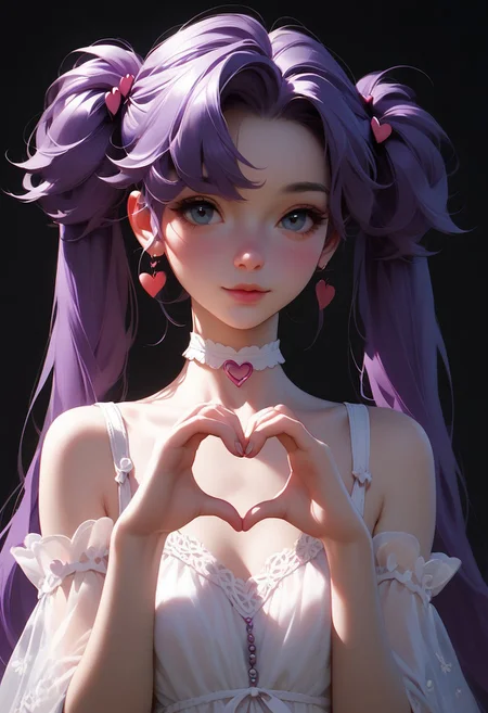 score_9, score_8_up, score_7_up, 1girl,25 years old, long hair with twintails, bare shoulders, purple hair, white sheer dress, black background, portrait, heart hands,