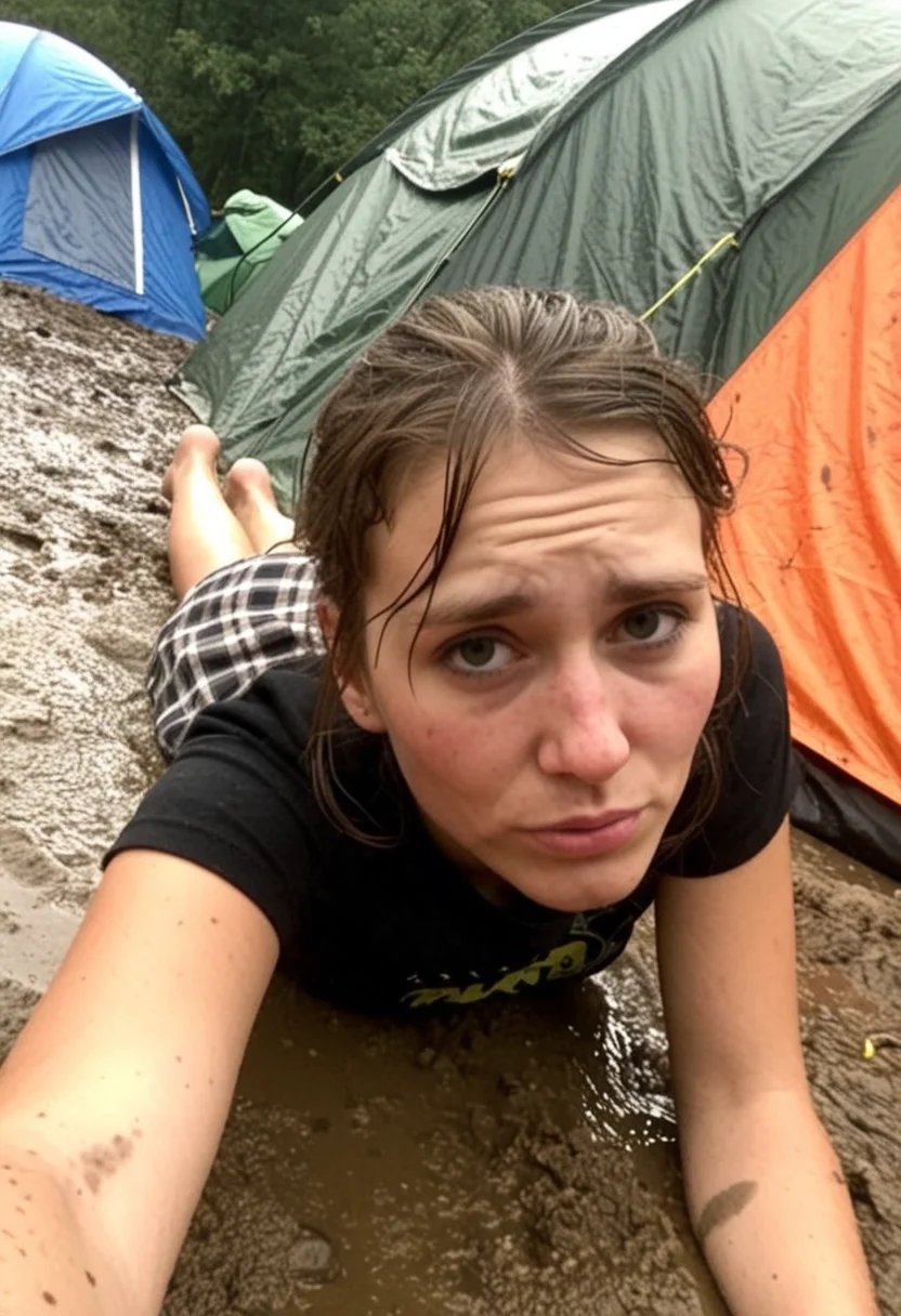 slender woman, cute face, 22yo, muddy campsite, fallen over in mud ,puddles of mud, (laying down on stomach:1.4) , facing camera, tents, stained, muddy clothes .,t-shirt, short skirt, messy hair, dirty skin, fed up, sulking, <lora:dmd2_sdxl_4step_lora_fp16:1> <lora:subtle-candidness3-xl25:0.7>