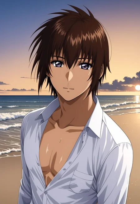 ASCII kira_yamato, hair parting left, 1man, mature adult male focus, white open shirt, solo, slim, thin waist, warm beige skin, brown hair,
detailed symmetric glossy eyes, expressive eyes, large purple eyes, looking at the viewer,
sexy posing, in a beach, sweaty,
full body portrait,
masterpiece, best quality, ultra high res, intricate detail, clamshell warm lighting