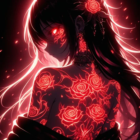 An anime-style female character, adorned with intricate glowing Red Floral Rose tattoos covering her arms, hands, and face. Her tattoos emit a soft, radiant glow that contrasts against her dark, form-fitting outfit. Her expression is calm and mysterious, with a dreamlike ambiance surrounding her. The character has long, smooth hair decorated with elegant metal hairpins and glowing accents. The background is dimly lit, creating an otherworldly and ethereal atmosphere, with soft shadows emphasizing her glowing features. The mood is mystical, highlighting the elegance and supernatural energy of the glowing Floral Rose tattoos