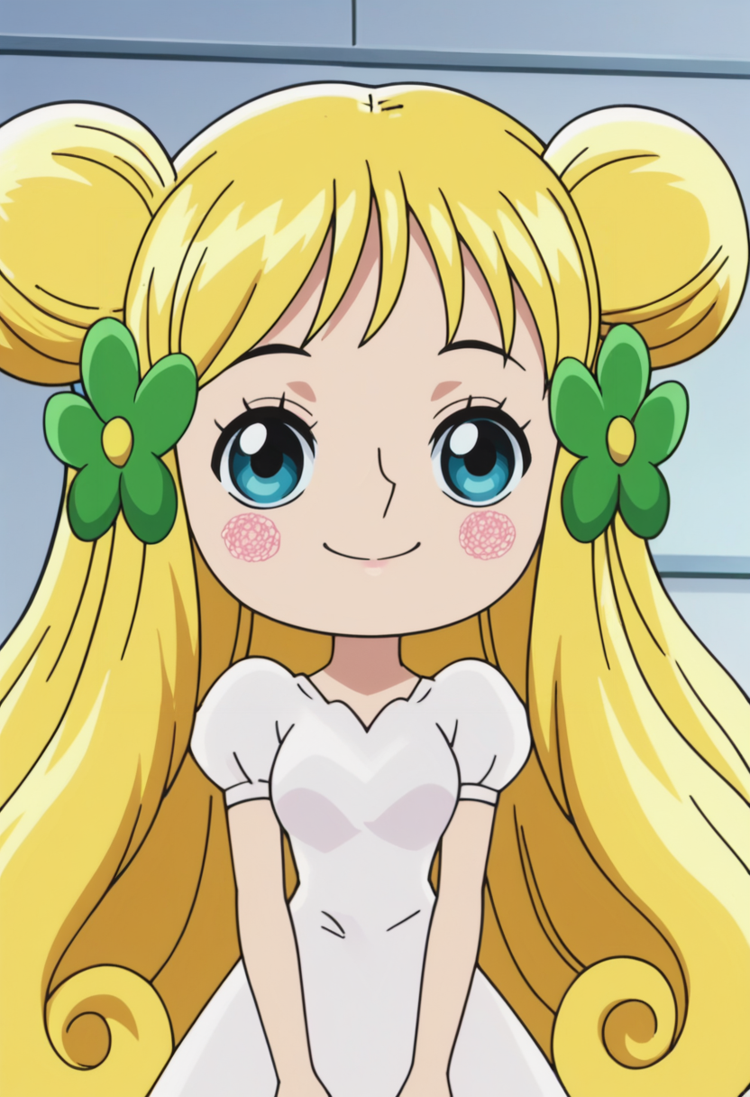 source_anime,anime screencap, anime coloring,intricate details,rating_safe, masterpiece, best quality,
(best quality, absurd res, ultra detailed),,1girl, ((solo)), good eyes,perfect eyes,,detailed eyes, zPDXLxxx , zPDXL3,detailed, detailed face
BREAK
solo,indoors,front view,upper body,
mansherry, fairy, blue eyes, blonde hair, long hair, double bun, white dress, 
smile
, <lora:add-detail-xl:2> <lora:mansherry:0.8>