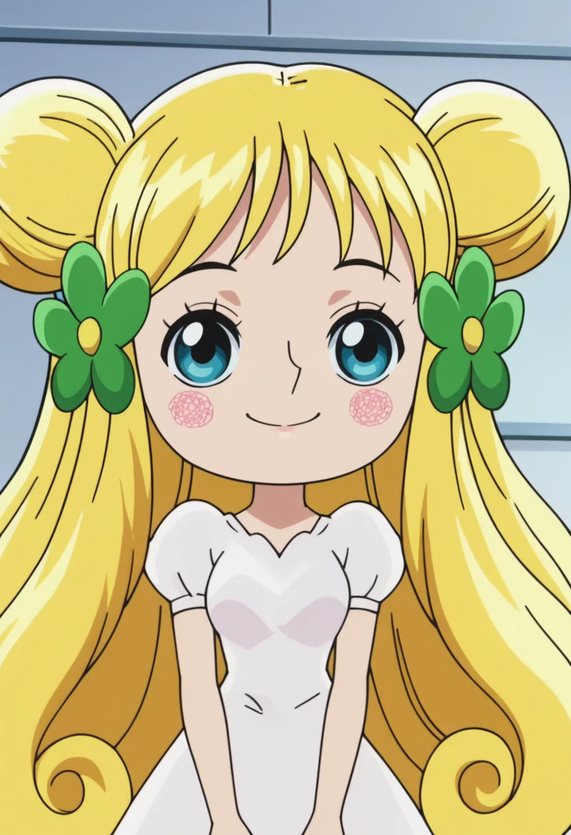 source_anime,anime screencap, anime coloring,intricate details,rating_safe, masterpiece, best quality,
(best quality, absurd res, ultra detailed),,1girl, ((solo)), good eyes,perfect eyes,,detailed eyes, zPDXLxxx , zPDXL3,detailed, detailed face
BREAK
solo,indoors,front view,upper body,
mansherry, fairy, blue eyes, blonde hair, long hair, double bun, white dress, 
smile
, <lora:add-detail-xl:2> <lora:mansherry:0.8>
