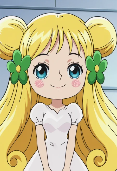 source_anime,anime screencap, anime coloring,intricate details,rating_safe, masterpiece, best quality,
(best quality, absurd res, ultra detailed),,1girl, ((solo)), good eyes,perfect eyes,,detailed eyes, zPDXLxxx , zPDXL3,detailed, detailed face
BREAK
solo,indoors,front view,upper body,
mansherry, fairy, blue eyes, blonde hair, long hair, double bun, white dress, 
smile
, <lora:add-detail-xl:2> <lora:mansherry:0.8>