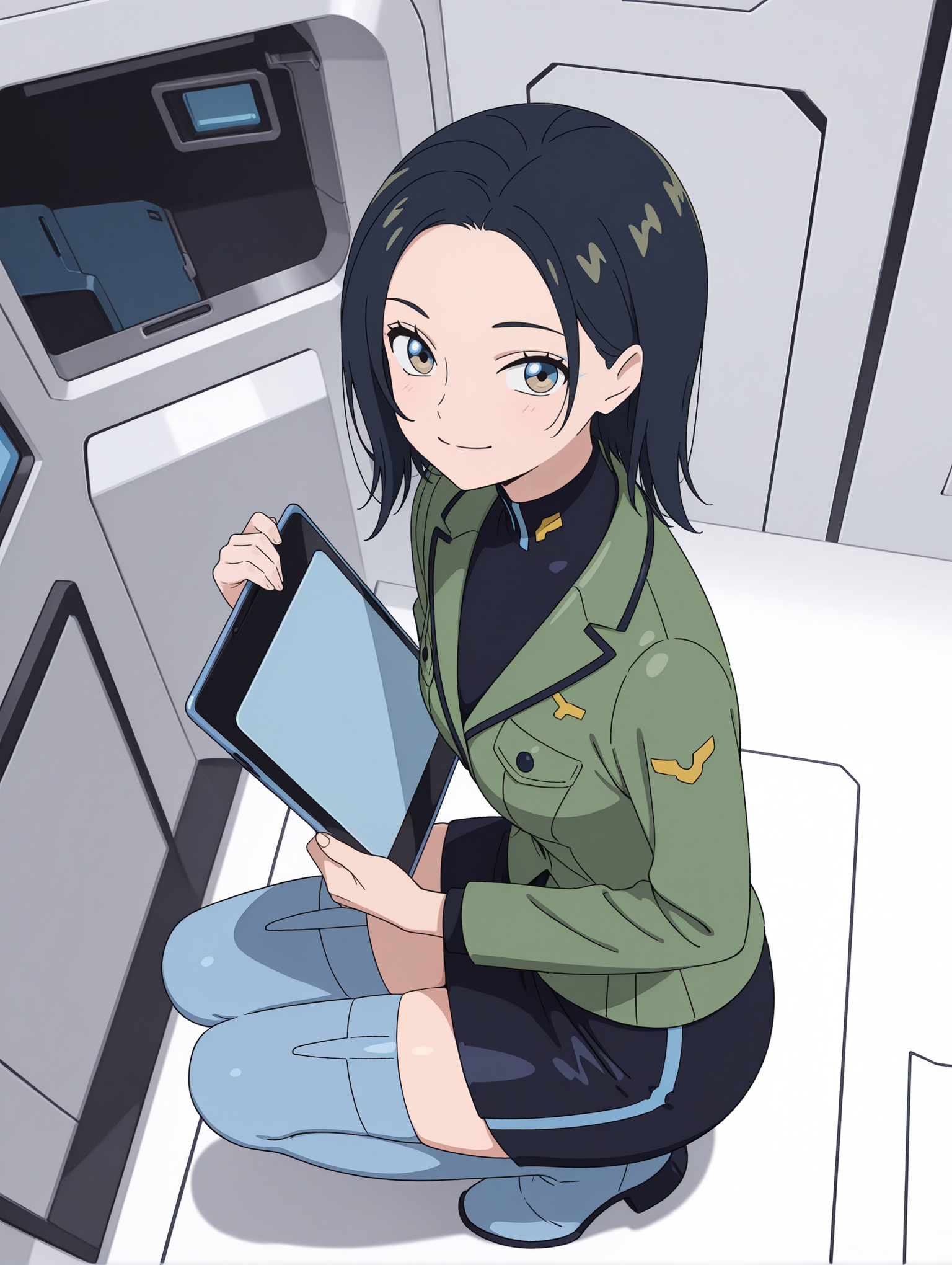 masterpiece,best quality,newest,1girl,solo,
<lora:comoli_harcourt_ilxl_v1,1:1>,comoli,c_clothes,green jacket,black pencil skirt,zettai ryouiki,blue thighhighs,blue footwear,boots,
Inside a Spaceship,
<lora:Fixhands_anime_bdsqlsz_V1:1>,holding tablet,smile,white background,simple background,looking at viewer,from above,squatting,