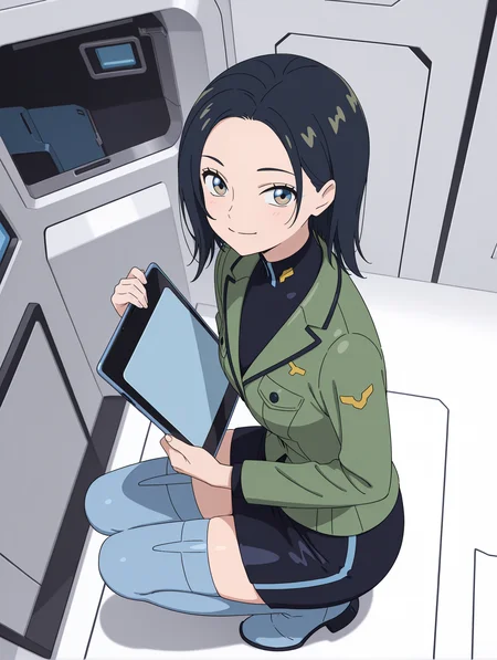 masterpiece,best quality,newest,1girl,solo,
<lora:comoli_harcourt_ilxl_v1,1:1>,comoli,c_clothes,green jacket,black pencil skirt,zettai ryouiki,blue thighhighs,blue footwear,boots,
Inside a Spaceship,
<lora:Fixhands_anime_bdsqlsz_V1:1>,holding tablet,smile,white background,simple background,looking at viewer,from above,squatting,
