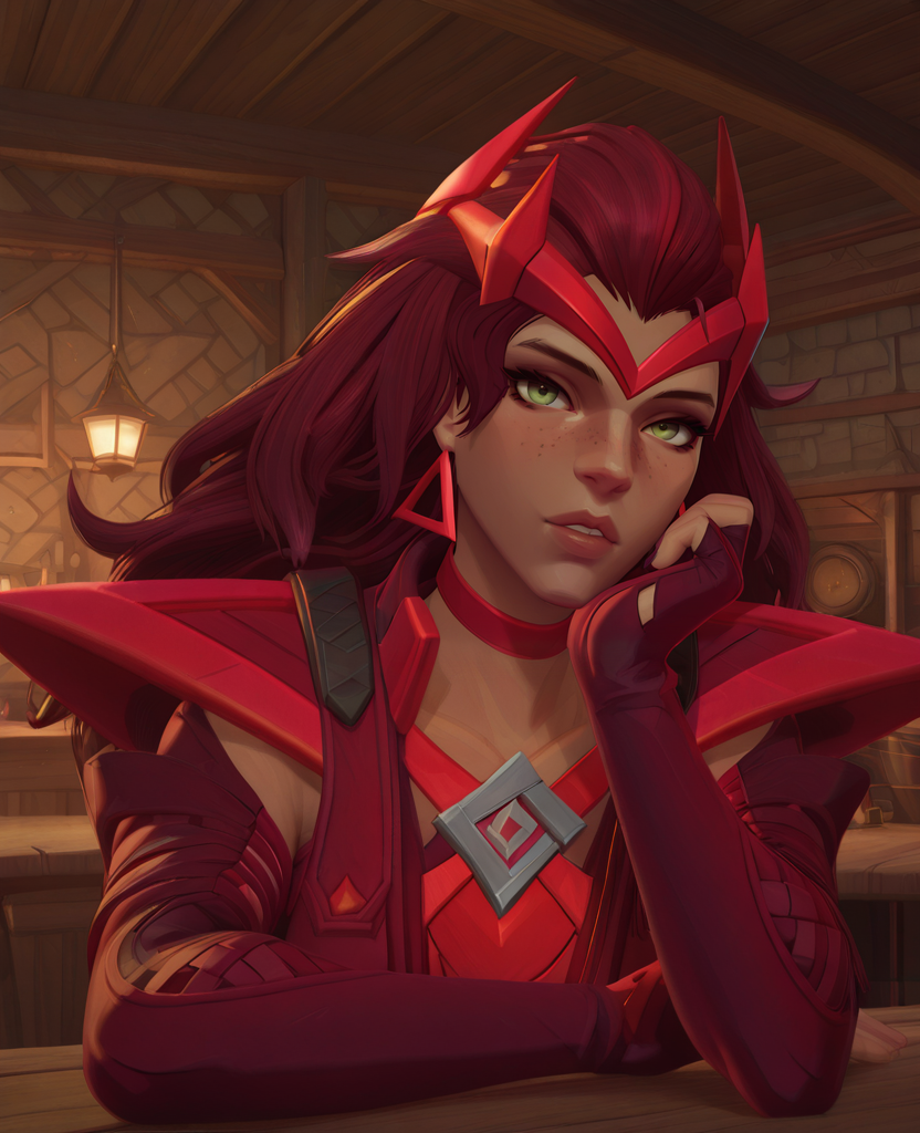 highres, absurdres, intricate detail, 3d, indoors, tavern, <lora:Wanda_ILLUS_2:1>, sc1, 1girl, red hair, long hair, green eyes, elbow gloves, shoulder pads, earrings, dark-skinned female, dress, headgear, hand resting on chin, table, looking at viewer, parted lips, freckles, portrait,