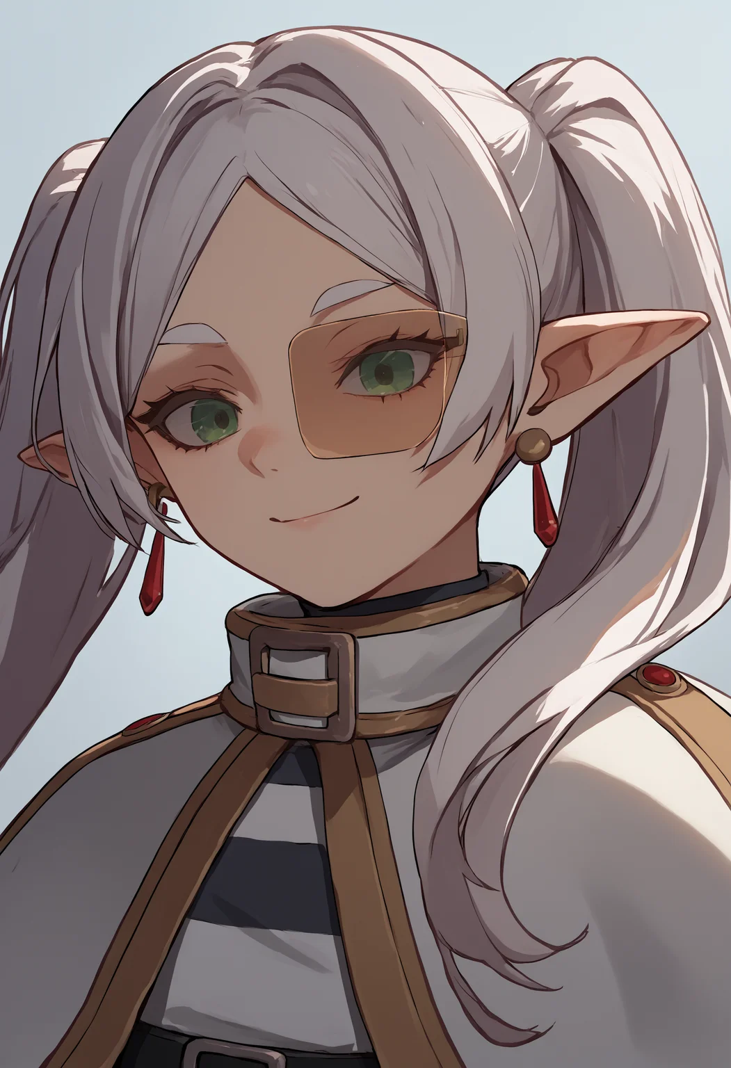 score_9, score_8_up, score_7_up, source_anime, 1girl, scouter, tinted eyewear, <lora:Scouter_XLPD:1>, upper body, <lora:ChamFrierenPonyXL:1>, FrierenBase, green eyes, white hair, long hair, twintails, earrings, white capelet, striped shirt, long sleeves, belt, seductive smile,