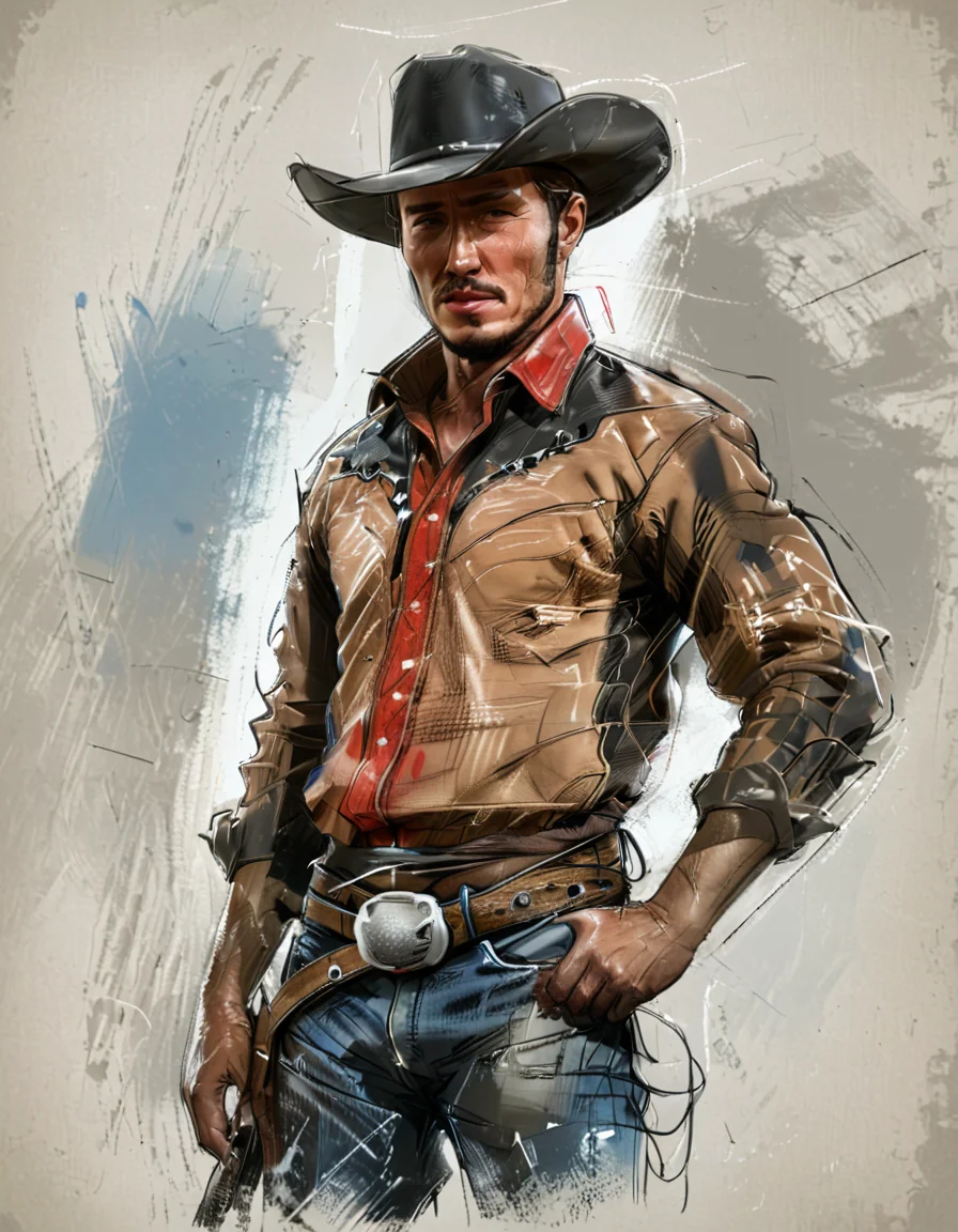 a man in cowboy clothes, rough color sketch style, concept design, rough sketch, color sketch, drawing
