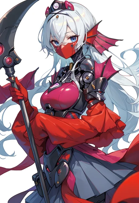 (score_9:0.9),score_8_up,score_7_up,rating_explicit,(zPDXL),(zPDXL3),
<lora:Tearlaments Kashtira PonyXL v1:0.73>,tearlaments kashtira, black tiara, red detached sleeves, red dress, 1girl, solo, blue eyes, scythe, white background, pouch, torn mask, holding scythe, simple background, looking at viewer, closed mouth, robot, mechanical mermaid, science fiction, machinery, from side, red mask, sleeves past wrists, black pleated skirt