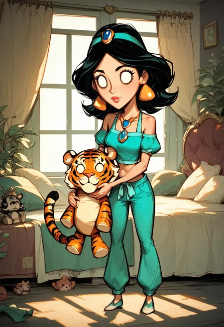 1girl, solo, Princess Jasmine is hugging plush toy of tiger , bare shoulders, croptop, loose pants, full body shot, blank eyes, looking at viewer, inside rich palace bedroom, dontstarvestyle, <lora:dontstarvestyleV2-000004:1>, <lora:Realistic_2.5DAnime_Merge1:0.15>, score_9, score_8_up, score_7_up,