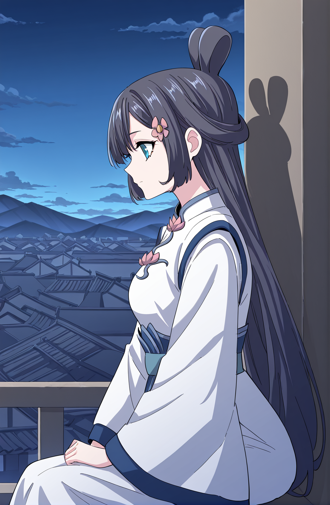 <lora:Yun_Shuang__Demon_Emperor__Illustrious:1>
1 girl, solo, long dark hair, blue eyes, side bangs, hair flower ornament, twin loop bun, 
white and blue hanfu, lotus pattern dress, floral brooch, wide sleeves, high collar, elegant outfit, 
score_9, score_8_up, score_7_up, score_6_up, source_anime, masterpiece, best quality, absurdres, highres, newest, anime coloring <break>  1girl, solo, sitting, on wall, from side, town, night sky, cloud