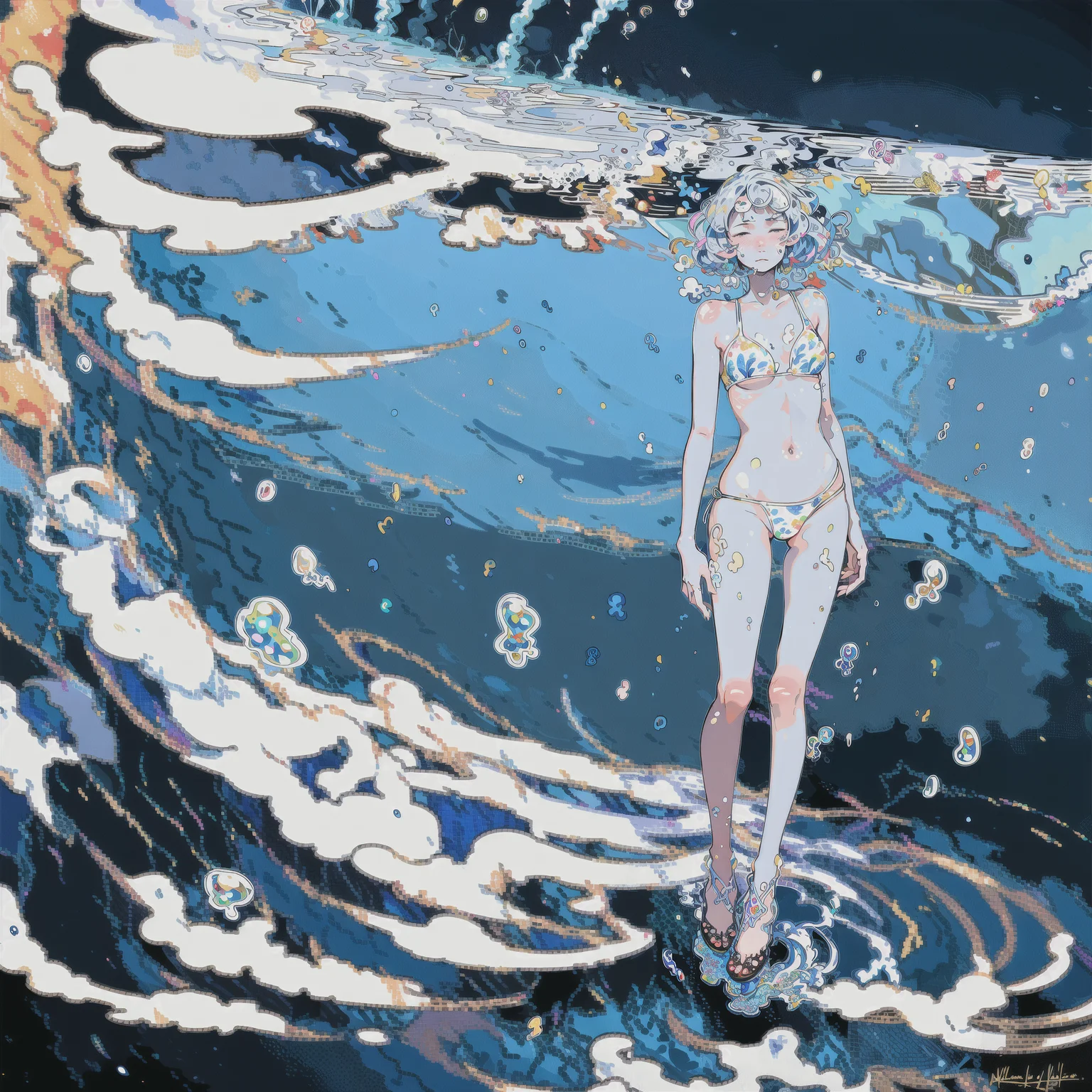 (highres, best quality, masterpiece:1.2), (realistic, photo-realistic:1.37), dark background,
(1girl, solo, full body:1.4), (slim girl:1.2), (slim legs:1.4), small breasts, low twintails, swimsuit, bikini, sandals, white hair, underwater, bubble, waves,