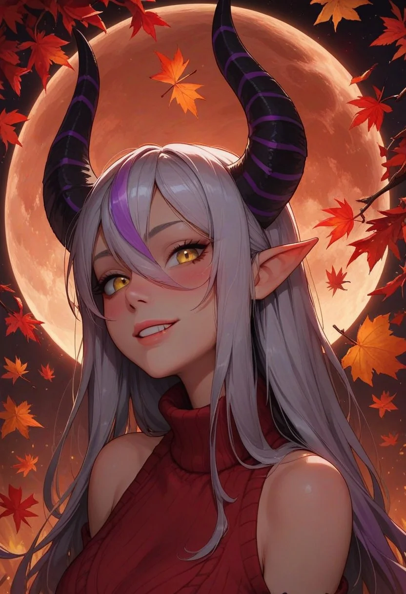 score_9, score_8_up, score_7_up, score_6_up,
1girl, 25 years old, perfect face, (close view), looking at viewer, cute, petite,
yellow eyes,
demon girl, demon horns, huge horns, striped horns, black horns, purple horns, pointy ears,
multicolored hair, streaked hair, grey hair, purple hair, long hair, very long hair, hair between eyes,
red sweater, bare shoulders,
autumn, autumn leaves, night, full moon,
(blush), light smile,
portrait, face focus, detailed face,
