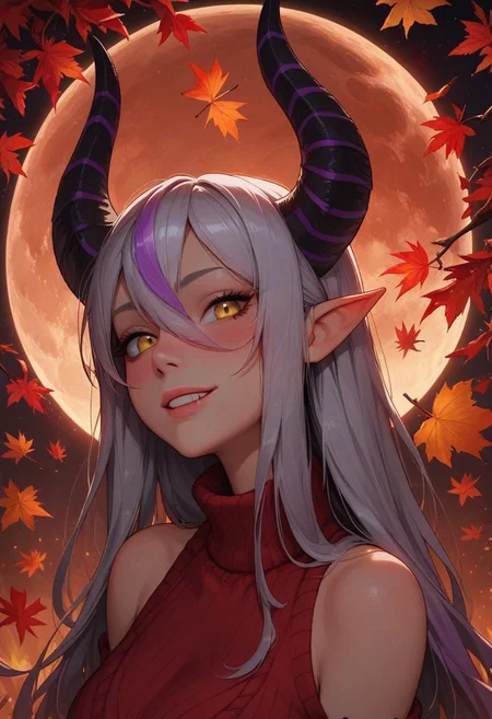 score_9, score_8_up, score_7_up, score_6_up, 
1girl, 25 years old, perfect face, (close view), looking at viewer, cute, petite,  
yellow eyes,
demon girl, demon horns, huge horns, striped horns, black horns, purple horns, pointy ears, 
multicolored hair, streaked hair, grey hair, purple hair, long hair, very long hair, hair between eyes, 
red sweater, bare shoulders, 
autumn, autumn leaves, night, full moon,
(blush), light smile, 
portrait, face focus, detailed face,