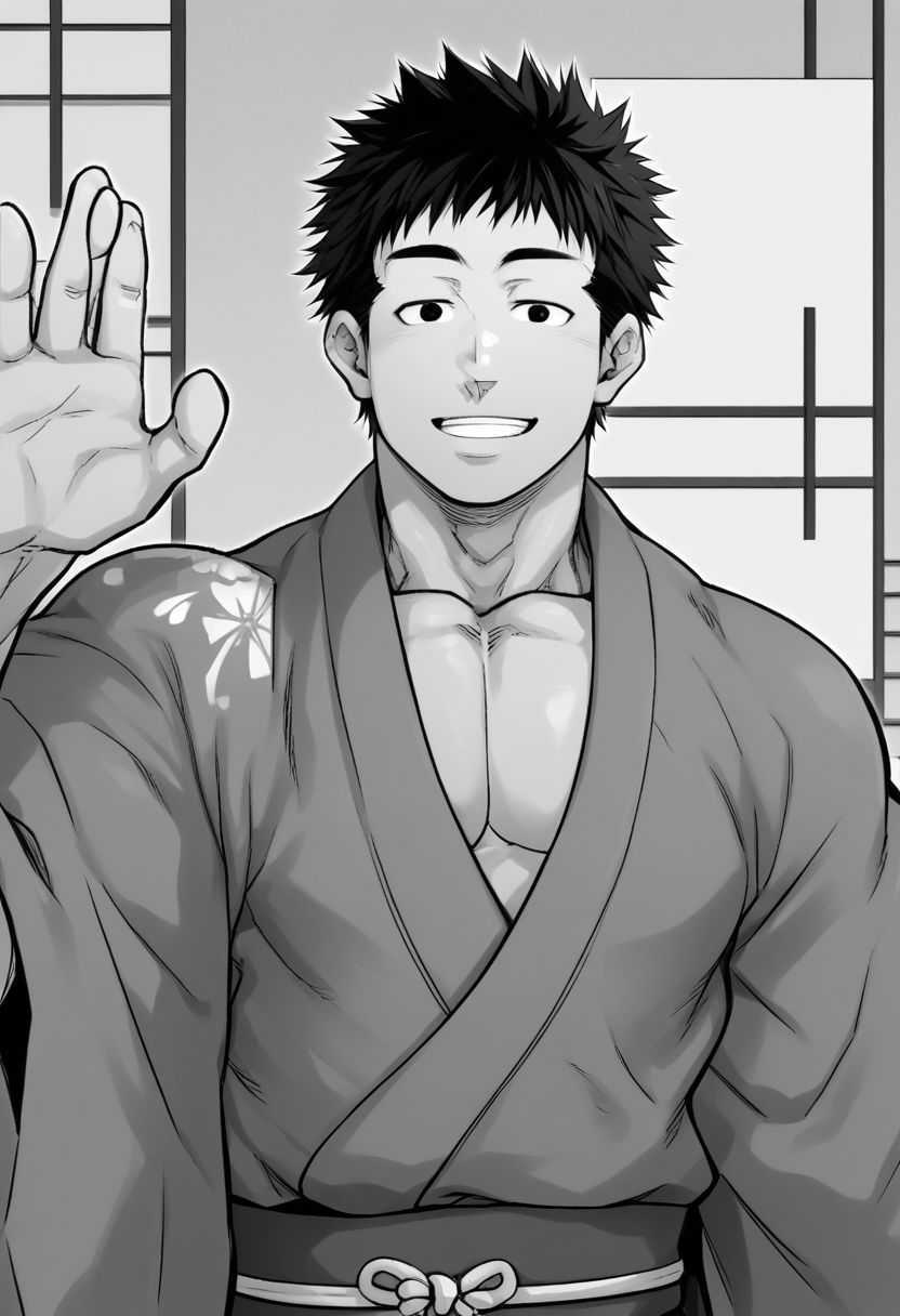1man, solo, muscular body, wearing a kimono, happy face, waving at viewer, half body, short hair, focus on shoulder,