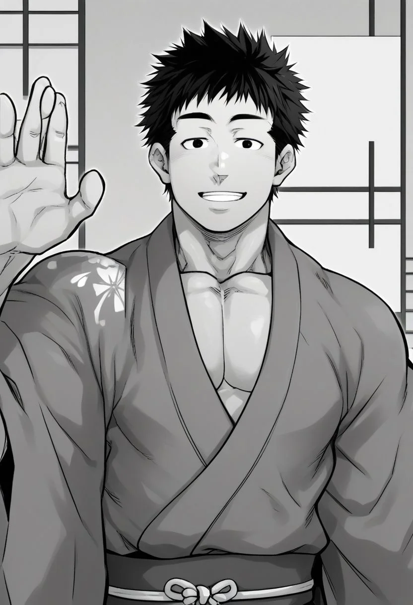 1man, solo, muscular body, wearing a kimono, happy face, waving at viewer, half body, short hair, focus on shoulder,