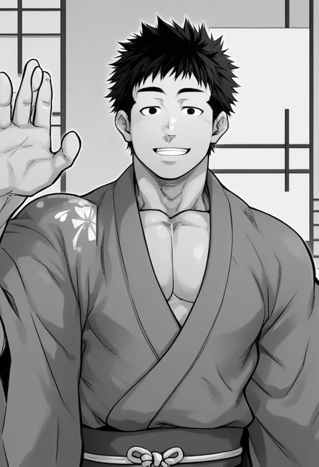 1man, solo, muscular body, wearing a kimono, happy face, waving at viewer, half body, short hair, focus on shoulder,