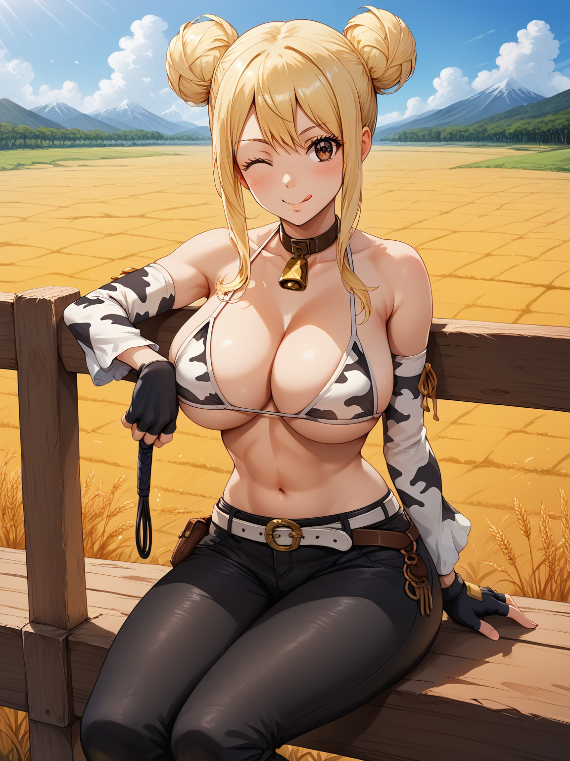 score_9, score_8_up, score_7_up, score_6_up, score_5_up, score_4_up, source_anime, detailed eyes, beautiful eyes,  <lora:Lucy_Heartfilia:1> LucyHeartfilia, blonde hair, brown eyes, large breasts, hand tattoo, tattoo on back of hand, pink tattoo, TaurusOutfit, two hair buns, long sidelocks, bikini top, cow print bikini top, detached sleeves, fingerless gloves, leather pants, one bare leg, white belt, belt pouch, breasts apart, 1girl, holding long whip, sitting on wooden fence, wheat field, sticking out tongue, winking,