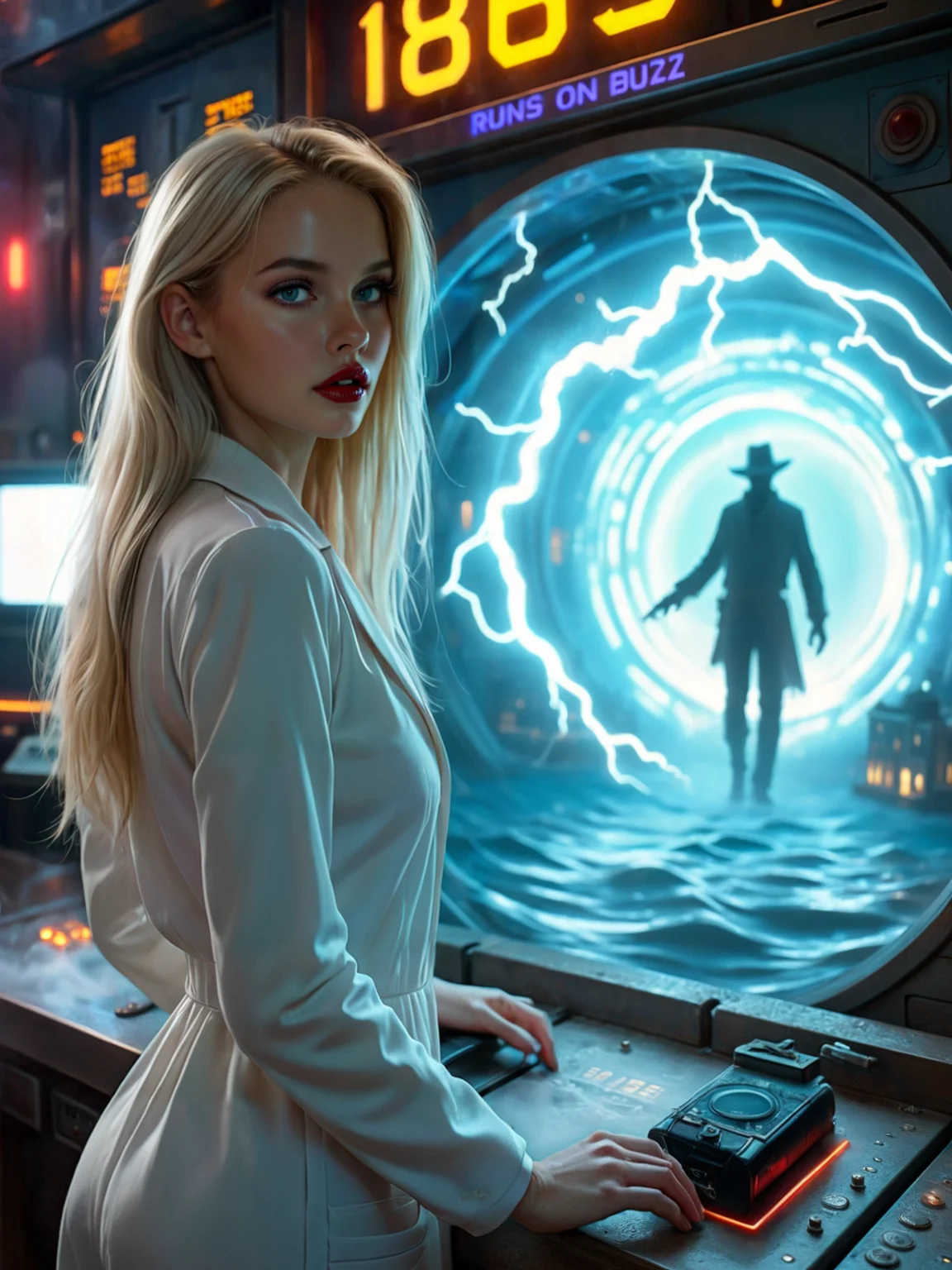 Cinematic film still a woman standing in front of a time vortex with a horse drawn carriage in a room with a large storm of a blue swirl, David LaChapelle, promotional image, a detailed matte painting, retrofuturism, American romanticism. BREAK Elegant pose, a stock photo, romanticism, concept art, shallow depth of field, vignette, highly detailed, high budget, bokeh, cinemascope, moody, epic, gorgeous, flux-style, film grain, grainy. <lora:add-detail-xl:.5> <lora:Flux-style-xl-lora:.5>