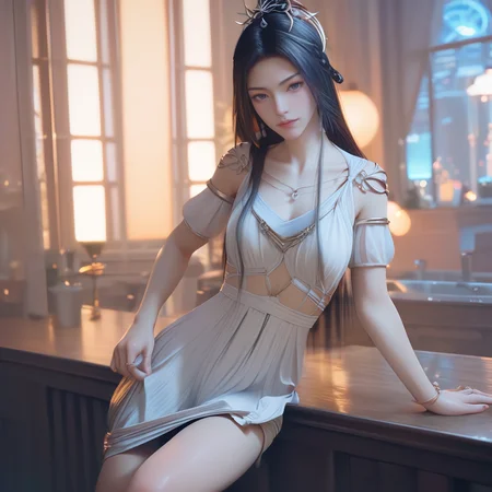 <lora:ponyziling2v:1>,ziling,score_9,score_8_up,score_7_up,looking at viewer,skirt_pull,white dress,