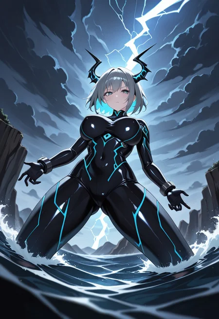 masterpiece, best quality, good quality, very aesthetic, absurdres, newest, 8K, depth of field, in the style of cknc, artist:moriimee, in the style of cksc,
1girl, long grey hair, wild, stormy eyes, large breasts, round, thunderbolt crown, glossy skin, summoning lightning, looking at viewer, from below
BREAK
stormy cliff, dark clouds, waves crashing
BREAK
dynamic light, blue tones, high contrast, electric glow, rich details, dramatic atmosphere
