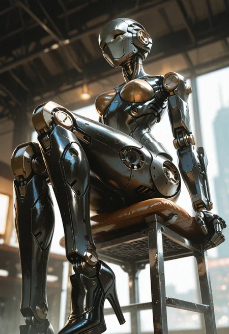 masterpiece, ultra-HD, cinematic lighting, photorealistic, impressionism (1.5), high detail, depth of field, (blurred background), (dramatic lighting),masterpiece, best quality, usnr,very aesthetic,8k,half close-up, usnr, android woman, sitting on chair, metal limbs, hinge joints, robot breasts,faceless robot head, black metal, from below, black high heels, shiny metal, cyberpunk vibe, steampunk
