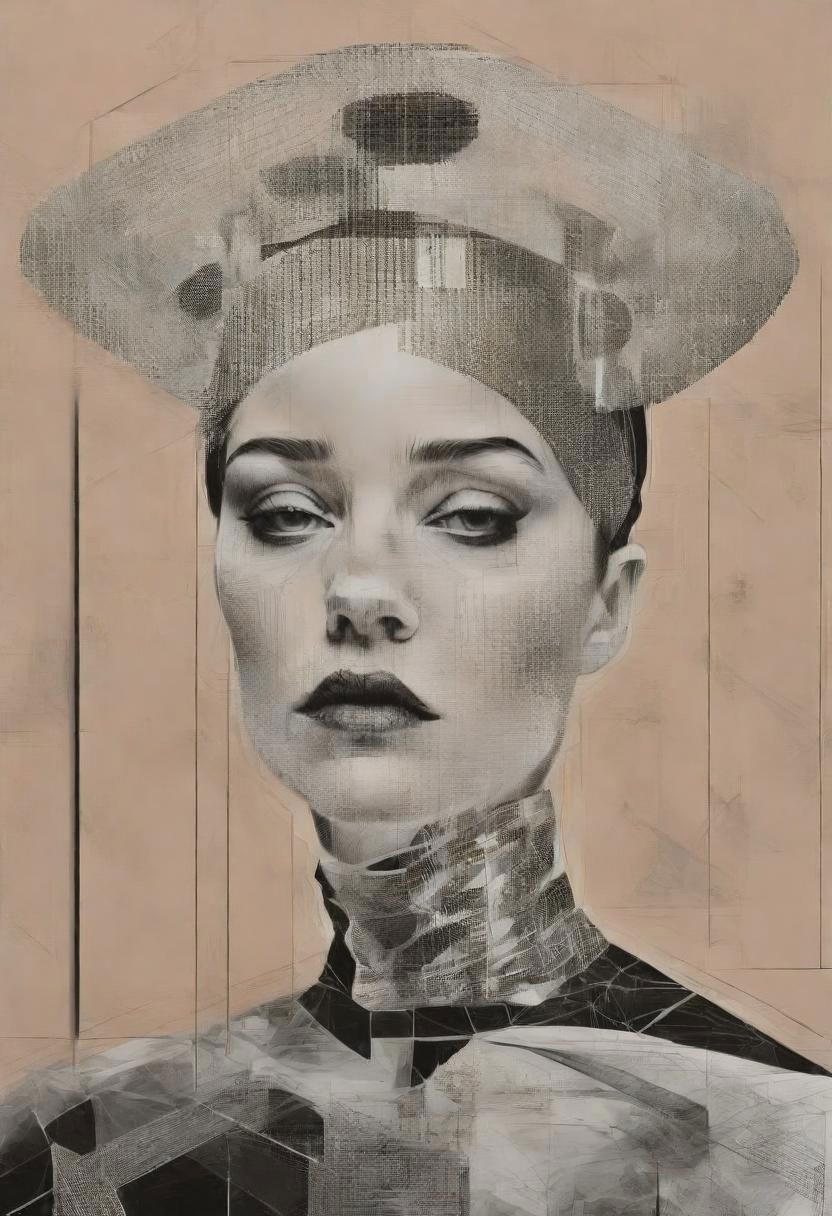 pop surrealism, rough crosshatch drawing pop art Lunatic_Portrait of a girl in latex, slick back, low bun, black makeup, avant-garde, abstract, weird, geometric, constructivism, suprematism, rayonism, verticism, tj