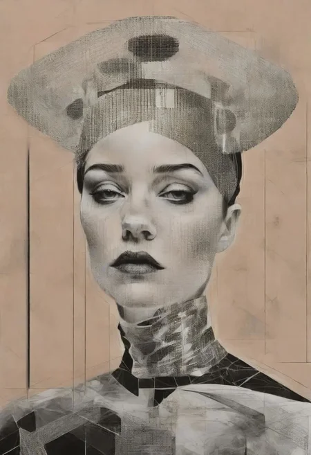 pop surrealism, rough crosshatch drawing pop art Lunatic_Portrait of a girl in latex, slick back, low bun, black makeup, avant-garde, abstract, weird, geometric, constructivism, suprematism, rayonism, verticism, tj