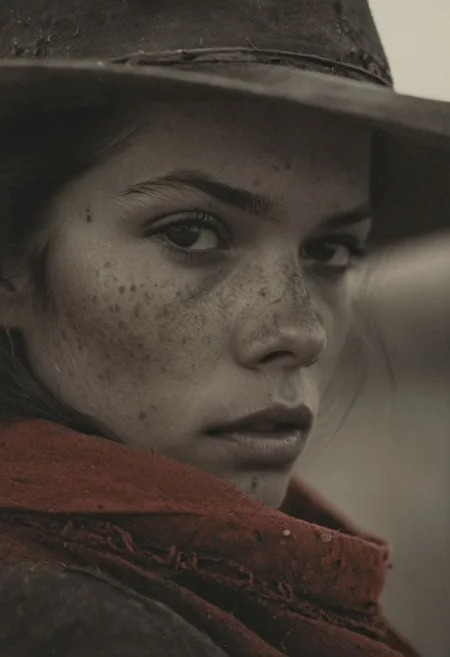 Sideview Profil Vintage Photo By Carl moon, Closeup Profile, moody, western, amerikana, freckled Navajo girl, dirt, dust, dusk, gravel, Large outworn Cowboy hat, bleaked vibrant Red old linen scarf, gritty, atmospheric haze, shrouded DARK Background, Film grain, cinematic film still, shallow depth of field, highly detailed, high budget, cinemascope, moody, epic, OverallDetail, gorgeous, 2000s vintage RAW photo, photorealistic, candid camera, color graded cinematic, eye catchlights, atmospheric lighting, skin pores, imperfections, natural, shallow dof,.