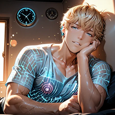 masterpiece, best quality, amazing quality, ultra-detailed, absurdres, highly detailed, cinematic lighting, realistic shading, intricate details, soft lighting, high contrast, depth of field, shiny skin, 1 boy, male focus, portrait, <lora:LoveProducer_Kiro:0.8> Love_Kiro, Love_Kiro_blond_short_hair, Love_Kiro_blue_eyes, lean body, defined collarbone, veiny forearms, golden hour glow, dramatic rim light, bokeh highlights, soft focus background, sensual tension, yaoi aesthetic, heavy-lidded eyes with dull glaze, slack mouth with yawn bubble, drooping cheeks, expressive boredom face, sprawled out lazily, head resting on arm, blank wall, ticking clock., sci-fi holographic shirt, shifting red patterns, deep plunge neck, glowing ear cuff, abs pulsing light., from front, slightly from underneath, dutch angle., (shigenori soejima:0.9), (tetsuya nomura:0.8), (morii mee:0.7), (kase daiki:0.6), intricate shadow play.
<lora:Style_4k-data_lora_webui:1.5>, <lora:nori31291404_Style_:0.33> noristyle, <lora:NoNameStyleVPRED10:0.33> nonamestyle, <lora:ppw_v7_Illuv1.0_1_r2:0.5>, <lora:Accelerater_ILL_PAseer:1>