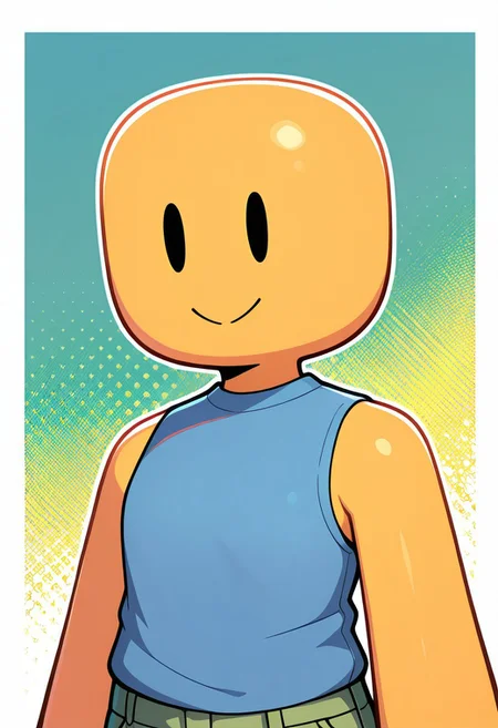upper body, halftone effect, white borders, abstract background:1.2,, masterpiece, best quality, amazing quality, very aesthetic, absurdres, newest,
noob, solo, smile, colored skin, yellow skin, , closed mouth, blue shirt, green pants, solid oval eyes, sleeveless,