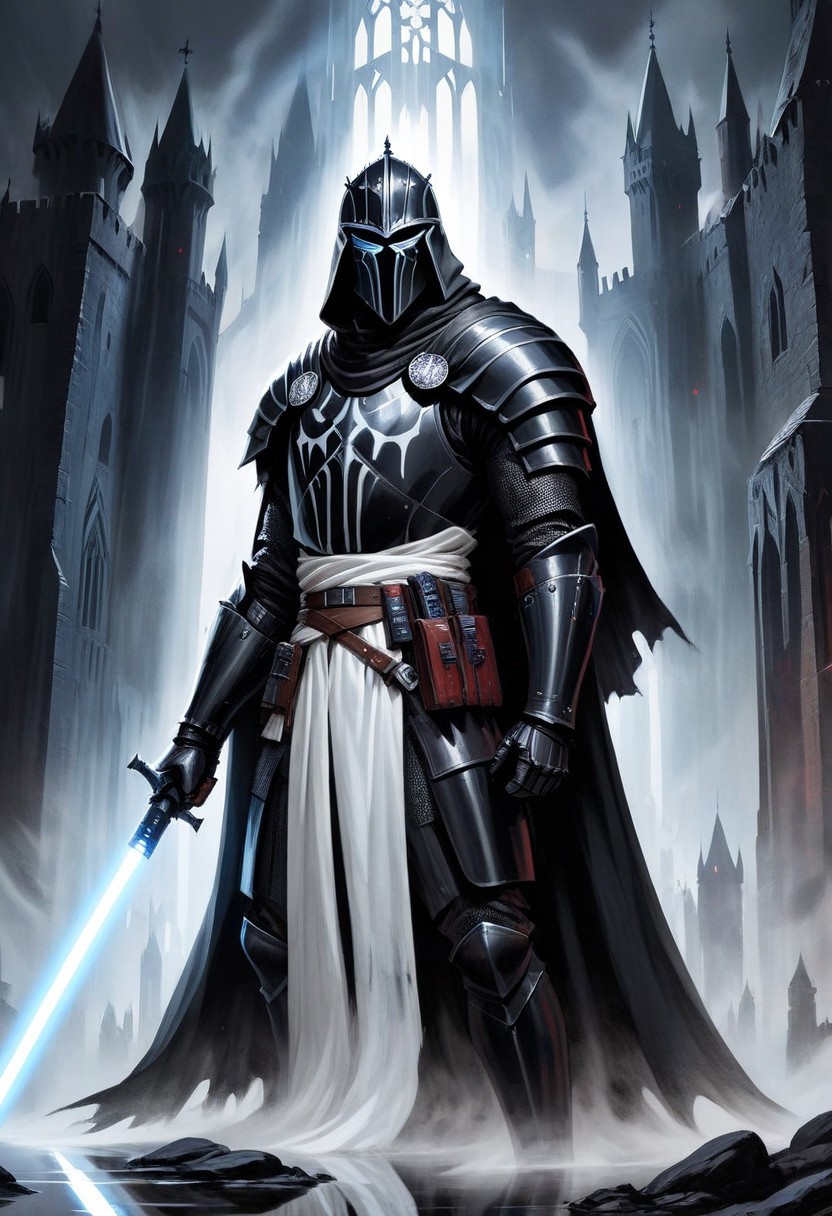 score_10, score_9, score_9_up, score_8_up, score_7_up, masterpiece, best quality, ghost, black armor, black knight, hood, ((hood over helmet)), duo focus, multiple_boys, 2boys,, two figures, Fantasy, knight, gothic, full plate armor, armor, black, cloak, hood, sith, sword, heavy armor, white light saber, white tabard, shield, reflection, spirit, translucent, black mist, paladin, fighter, rogue, vivid color, castle,