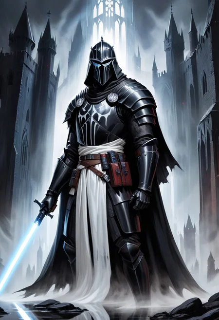 score_10, score_9, score_9_up, score_8_up, score_7_up, masterpiece, best quality, ghost, black armor, black knight, hood, ((hood over helmet)), duo focus, multiple_boys, 2boys,, two figures, Fantasy, knight, gothic, full plate armor, armor, black, cloak, hood, sith, sword, heavy armor, white light saber, white tabard, shield, reflection, spirit, translucent, black mist, paladin, fighter, rogue, vivid color, castle,