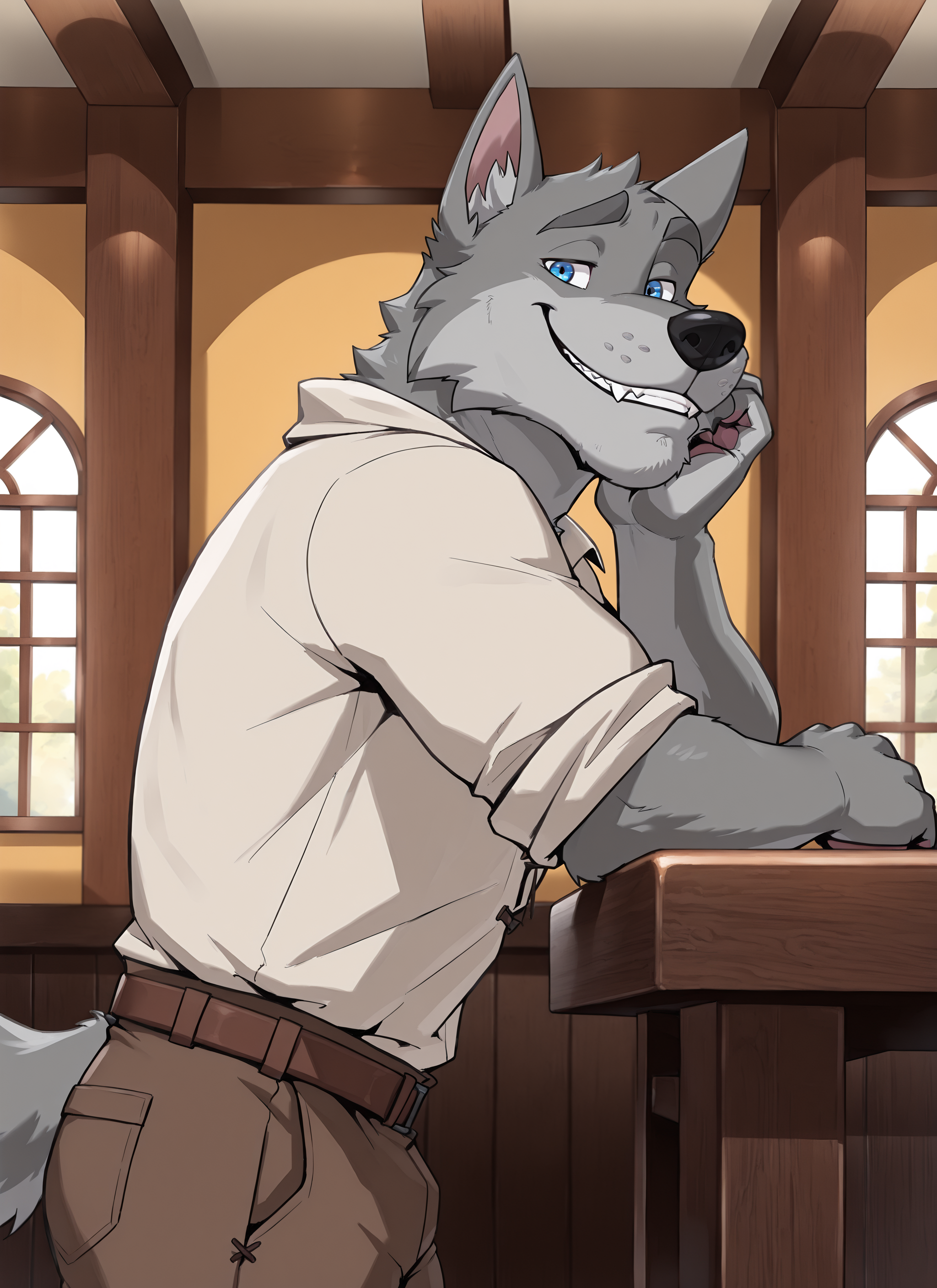 detailed background, detailed fur, solo. 1boy, Resnickvn, wolf, blue eyes, tail, smile, ((expressive)), cocky, smirk, indoors, tavern, wooden table, low angle, ((looking at viewer)), by zcik, by anhes, arm resting on table, cream shirt, light brown pants, masterpiece, best quality, amazing quality, very aesthetic, absurdres, newest,, high res, ultra detailed, detailed scenery, best quality, best artwork, detailed eyes, (eyes focus), perfect eyes, big iris, pupils visible, 4k, ultra quality, perfect face, absurdres,masterpiece,best quality,amazing quality,absurdres,masterpiece,best quality,amazing quality