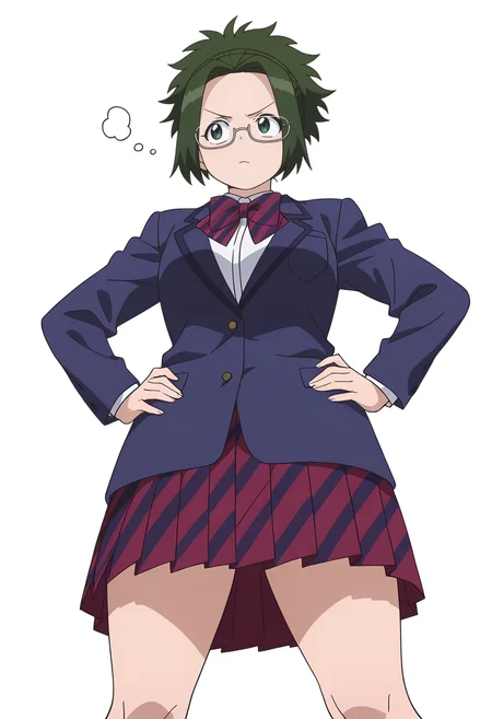 Smooth Quality,masterpiece,very intricate, high quality details, ultra realistic, high detailed skin,detailed enviorement,
simple background, white background, thinking,
from below,standing, hands on hips, feet apart, determined, looking forward, ,
solo,
<lora:Agari_Himiko_cnn:0.8> agarihimikocnn,1girl,green eyes, short hair,glasses, ponytail,green hair,
school uniform, bowtie, pleated skirt, jacket, white shirt,