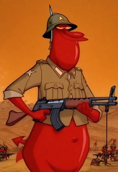 Masterpiece, best quality, absurdres, high detail, solo, r3dguy, d3vil, devil, creature, red skin, tail,
A3THER, holding a machine gun, army helmet, cevlar, Vietnam jungles background, detailed background,