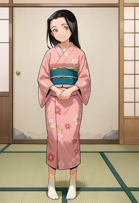 score_8, score_8_up, score_7_up, 1girl, female focus, solo, Caitlin_PP, black hair, long hair, green eyes, small breasts, japanese clothes, kimono, pink kimono, floral print kimono, obi, white socks, no shoes, looking at viewer, smile, blush, averting eyes, shy, full body, standing, arms at side, indoors, shouji, tatami, wall