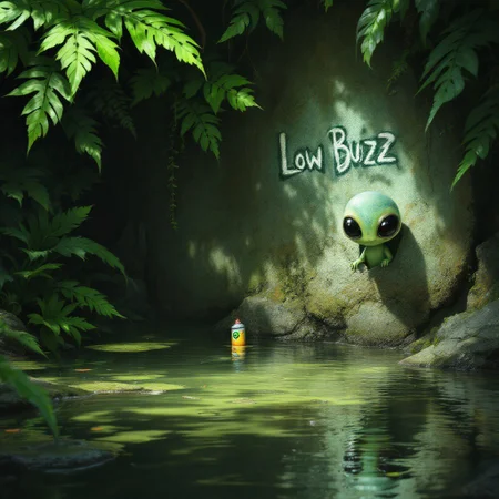 A cute curious, small alien creature peers out from behind a lush fern in the dense, vibrant jungle, as he investigating the ruins of an ancient civilization half-submerged in the murky water. Graffited on a wall is: 'Low Buzz'. A spray paint can floats in the water.