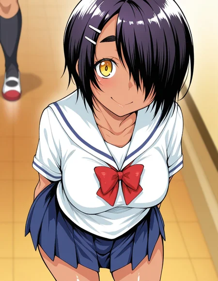 good quality, best quality, masterpiece, absurdres, anime screencap, anime coloring, traditional media, uncensored, 1girl, solo, (cowboy shot:1.2), s3cretd3coration, 1girl, solo, tomboy, dark skin, dark-skinned female, black hair, thick eyebrows, short hair, hair over one eye, yellow eyes, hairclip, medium breasts, school uniform, serafuku, white shirt, white collar, short sleeves, red bowtie, dark blue skirt, pleated skirt, black socks, kneehighs, happy, smile, looking at viewer, shiny hair, ultra detailed eyes, depth of field, sharp, intricate details, hyperdetailed, , <lora:0e824170-eb6f-4e9e-85f8-5f48ebe15012:1.0>