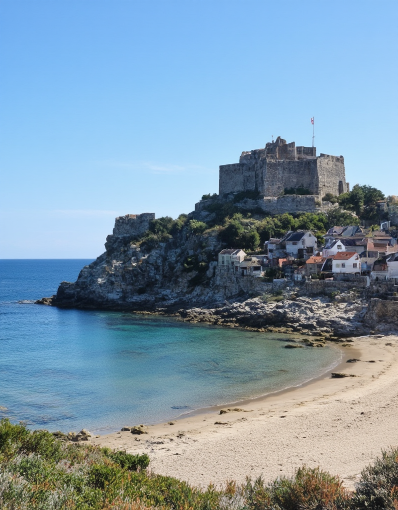 <lora:YCO_flux_F1b:1> yco_flux, fortified castle, on a mountain, outside, blue sea, fortified town, scenery, sunny summer day, beach,