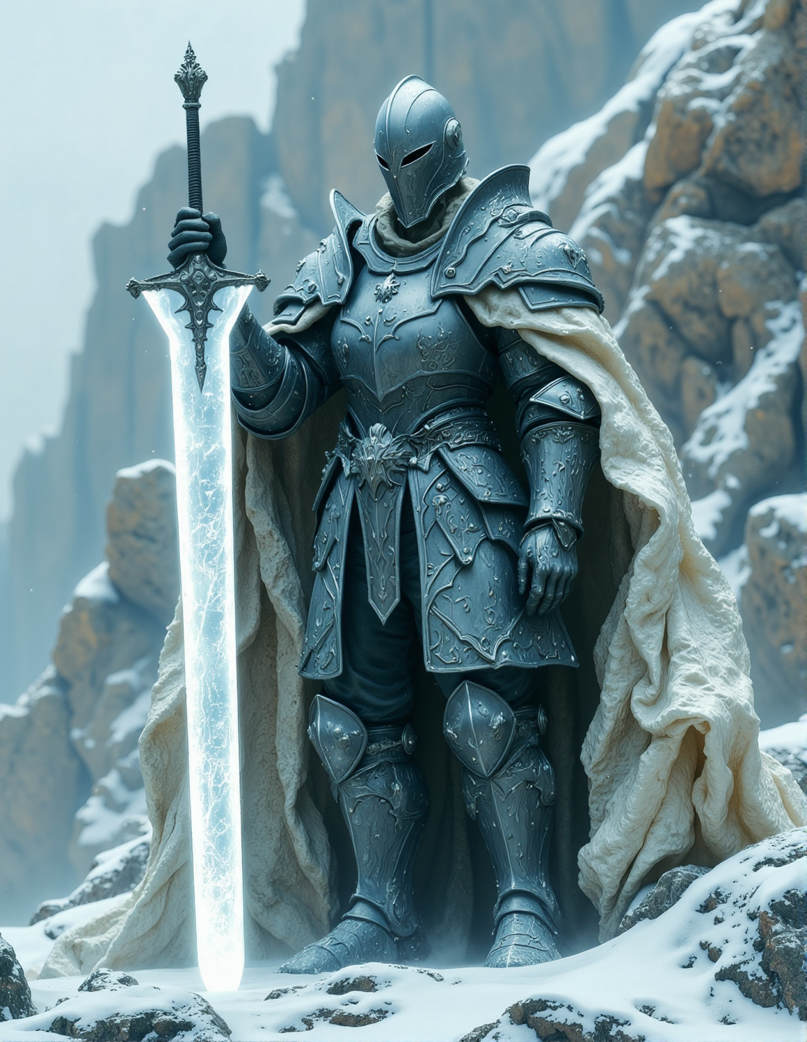 Large, imposing figure clad in weathered, silver-grey plate armor.  Full body, standing posture, holding a large, translucent, ice-like sword. Armor shows intricate details, slight signs of wear and damage.  The figure's face is obscured by the helmet, creating a sense of mystery.  A flowing, white cape drapes from the shoulders, billowing around the figure.  The rocky terrain, a mix of light and dark grays and off-whites, serves as a backdrop. The rocks and ground are covered in a layer of fine snow giving a cold, desolate atmosphere.  Pale, diffused lighting suggests an overcast day.  The focus is on a grand scale, emphasizing the armor's imposing form and the sword.  High contrast between the stark white of the ice-sword and surrounding elements creates a dramatic scene, HKMagic, <lora:FantasyWizardWitchesFluxV2-000001:0.7>, <lora:Dever_Flux_Enhancer:0.4>, <lora:flux.1_lora_flyway_Epic-detail_v2:0.4>, <lora:Elden_Ring_-_Yoshitaka_Amano:0.4>