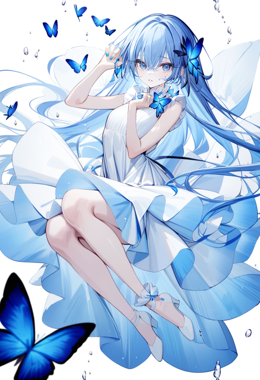 masterpiece, best quality, <lora:yoggiXL_ANI31_lokr_V43P1:0.95>  1girl, butterfly, bug, solo, dress, long hair, blue butterfly, flower, looking at viewer, white dress, blue hair, very long hair, blue eyes, full body, blue nails, hands up, parted lips, sleeveless, white flower, hair between eyes, white footwear, water drop, sleeveless dress, hair ornament, blue theme, frills, white background