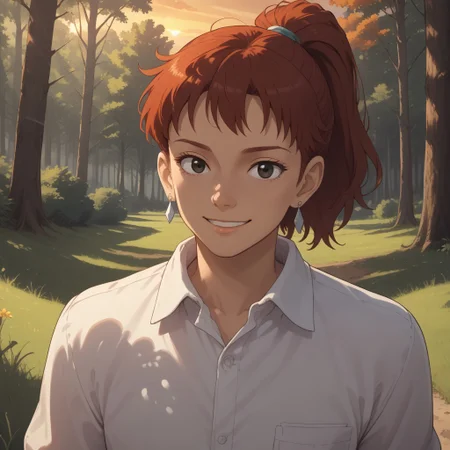 score_9, score_8, BREAK, solo, red hair, ponytail, black eyes, earrings, collared shirt, long sleeves, jeans, shoes, Fio_Piccolo_(Porco_Rosso), cute, sexy pose, self portrait, smile, outdoors, sunlight, shadows, evening lighting, natural lighting, forest, trees, grass, orange sky, sunset