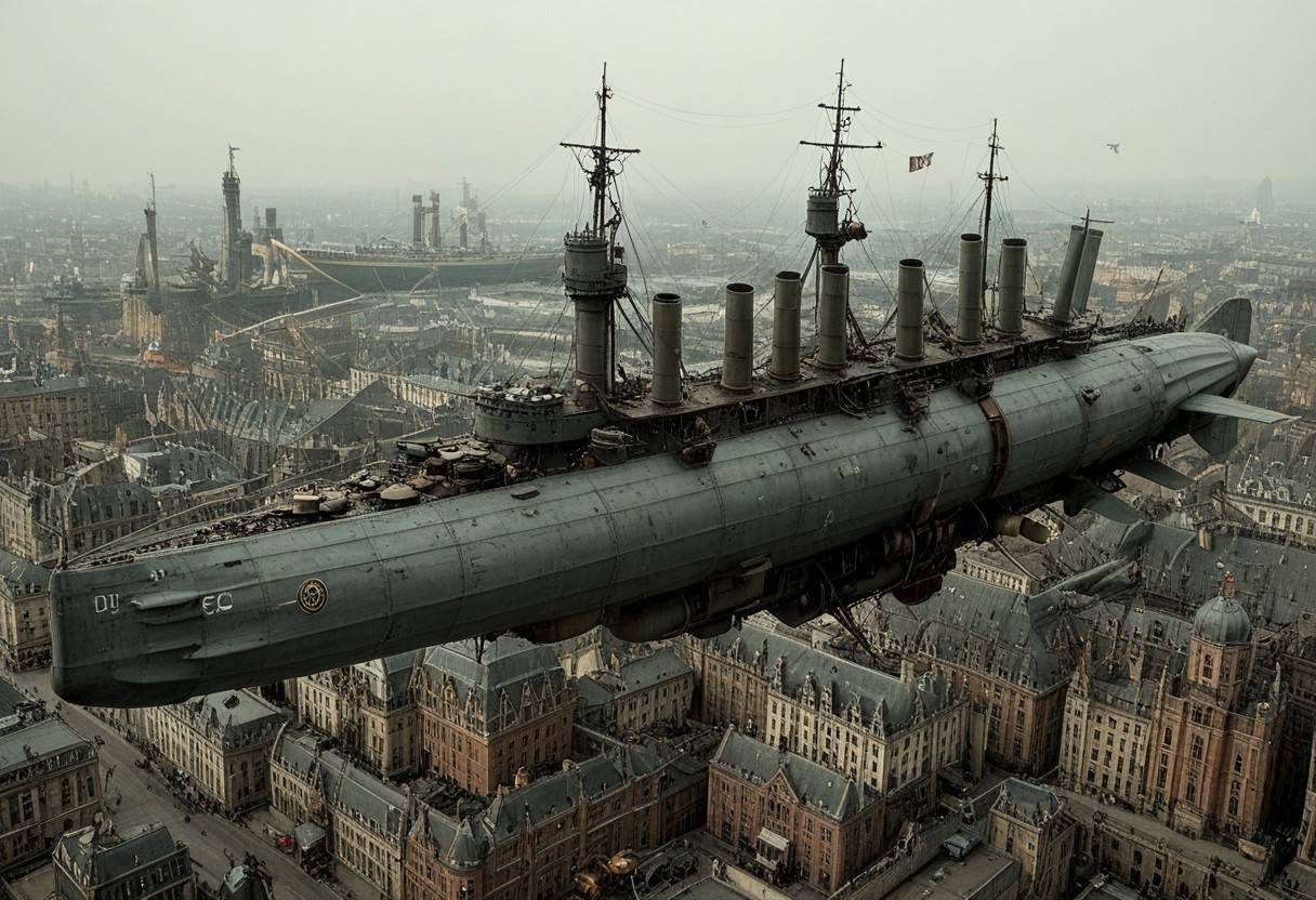 masterpiece, best_quality, very_aesthetic, highres, absurdres, ultra detailed, airship,  battleship, steampunk, Victorian, 
flying over Victorian city,
 airship, vehicle focus, no humans, military vehicle, military, science fiction, aircraft flying, radio antenna, cannon, machinery,rocket launcher,
dark iron, (light blue/navy gray vehicle), 
spiral, pipe ,rivets, ,wire,