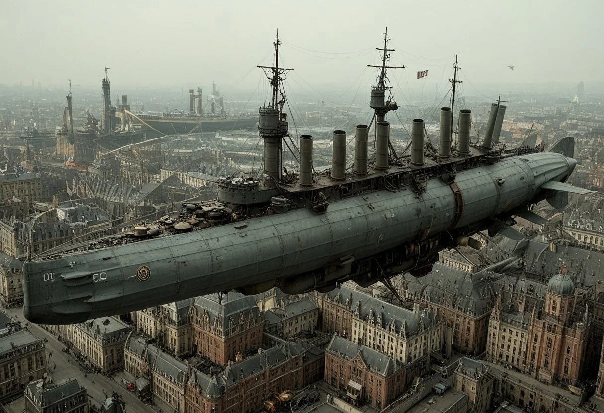 masterpiece, best_quality, very_aesthetic, highres, absurdres, ultra detailed, airship,  battleship, steampunk, Victorian, 
flying over Victorian city,
 airship, vehicle focus, no humans, military vehicle, military, science fiction, aircraft flying, radio antenna, cannon, machinery,rocket launcher,
dark iron, (light blue/navy gray vehicle), 
spiral, pipe ,rivets, ,wire,