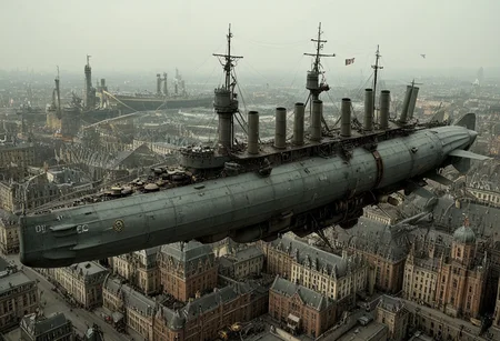 masterpiece, best_quality, very_aesthetic, highres, absurdres, ultra detailed, airship, battleship, steampunk, Victorian,
flying over Victorian city,
airship, vehicle focus, no humans, military vehicle, military, science fiction, aircraft flying, radio antenna, cannon, machinery,rocket launcher,
dark iron, (light blue/navy gray vehicle),
spiral, pipe ,rivets, ,wire,